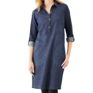 Women's XS J.Jill Denim Midi Blue Jean Dress Roll Tab Sleeves Collared Buttons